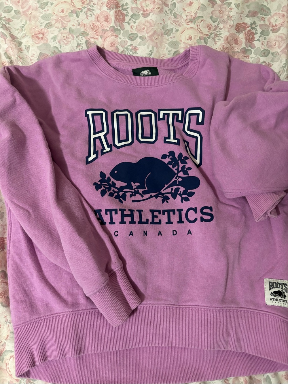 Kids Roots Lavender Crewneck Sweatshirt with Navy Logo